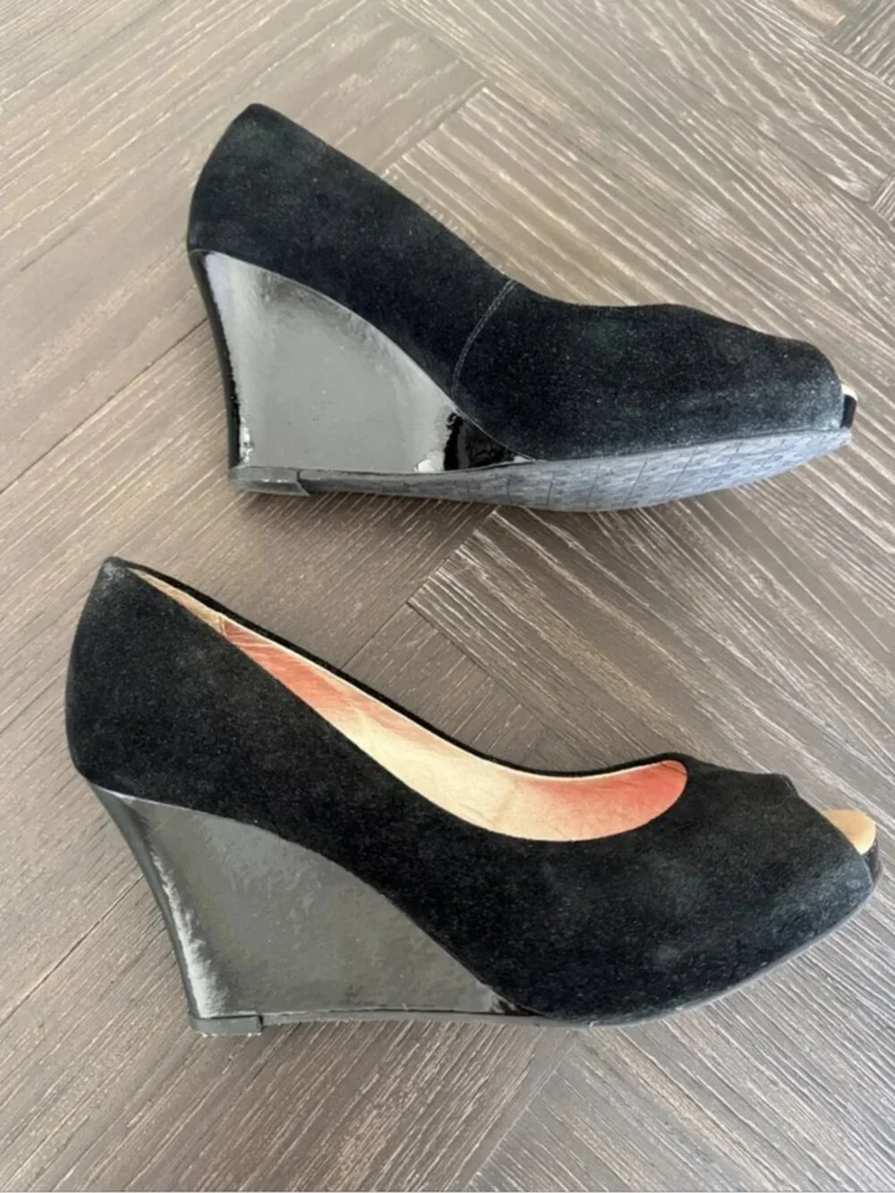 Lilly Pulitzer Black Suede Platform Wedges 7.5 Peep Toe Heel Shoes